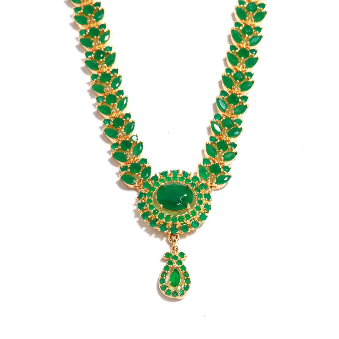 Emerald Long Necklace Set – 22K Gold Plated Green Stone Jewelry |Indian Wedding Necklace & Earrings | Haram Necklace |Festive Ethnic Jewelry — 4