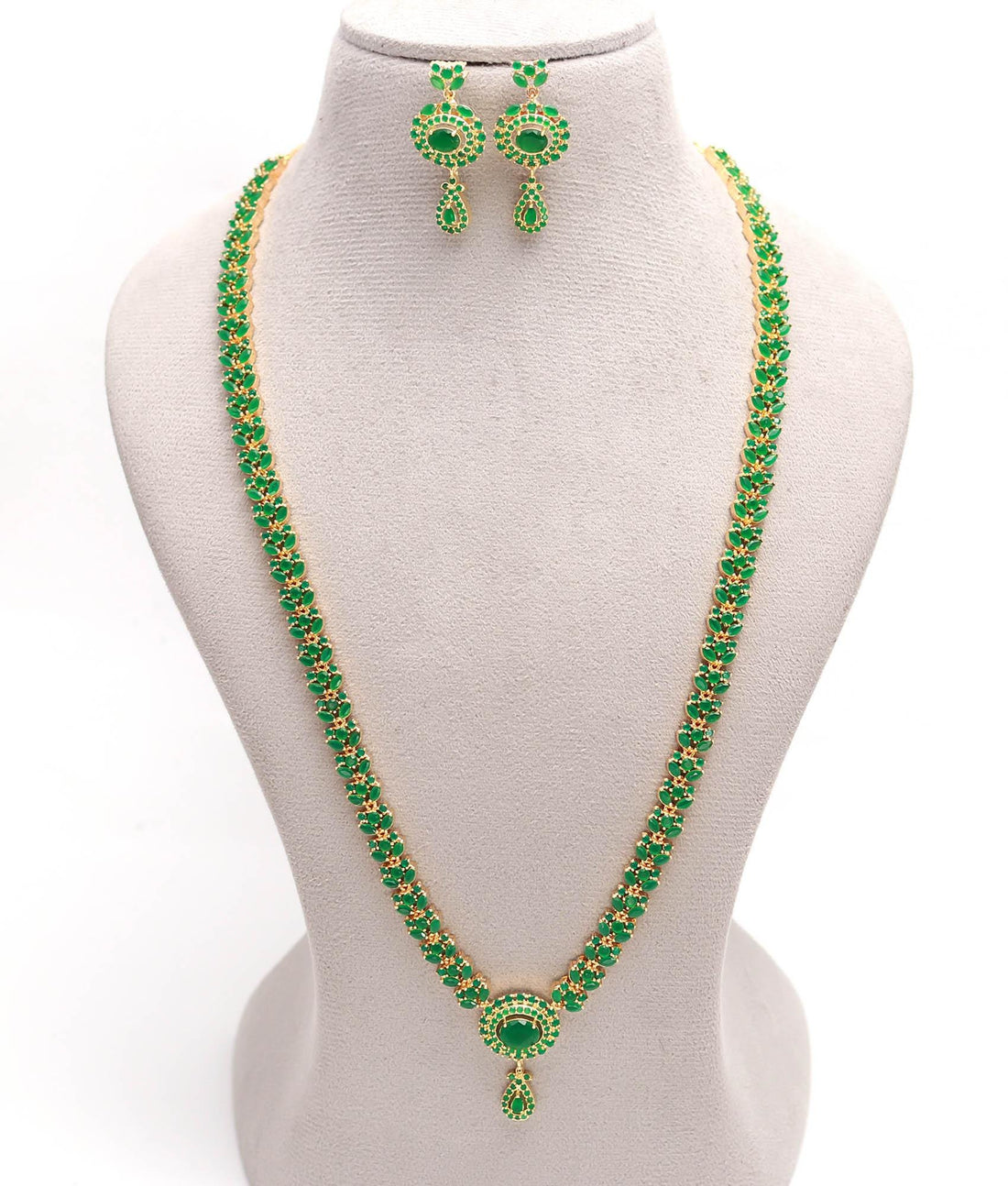 Emerald Long Necklace Set – 22K Gold Plated Green Stone Jewelry |Indian Wedding Necklace & Earrings | Haram Necklace |Festive Ethnic Jewelry — 2
