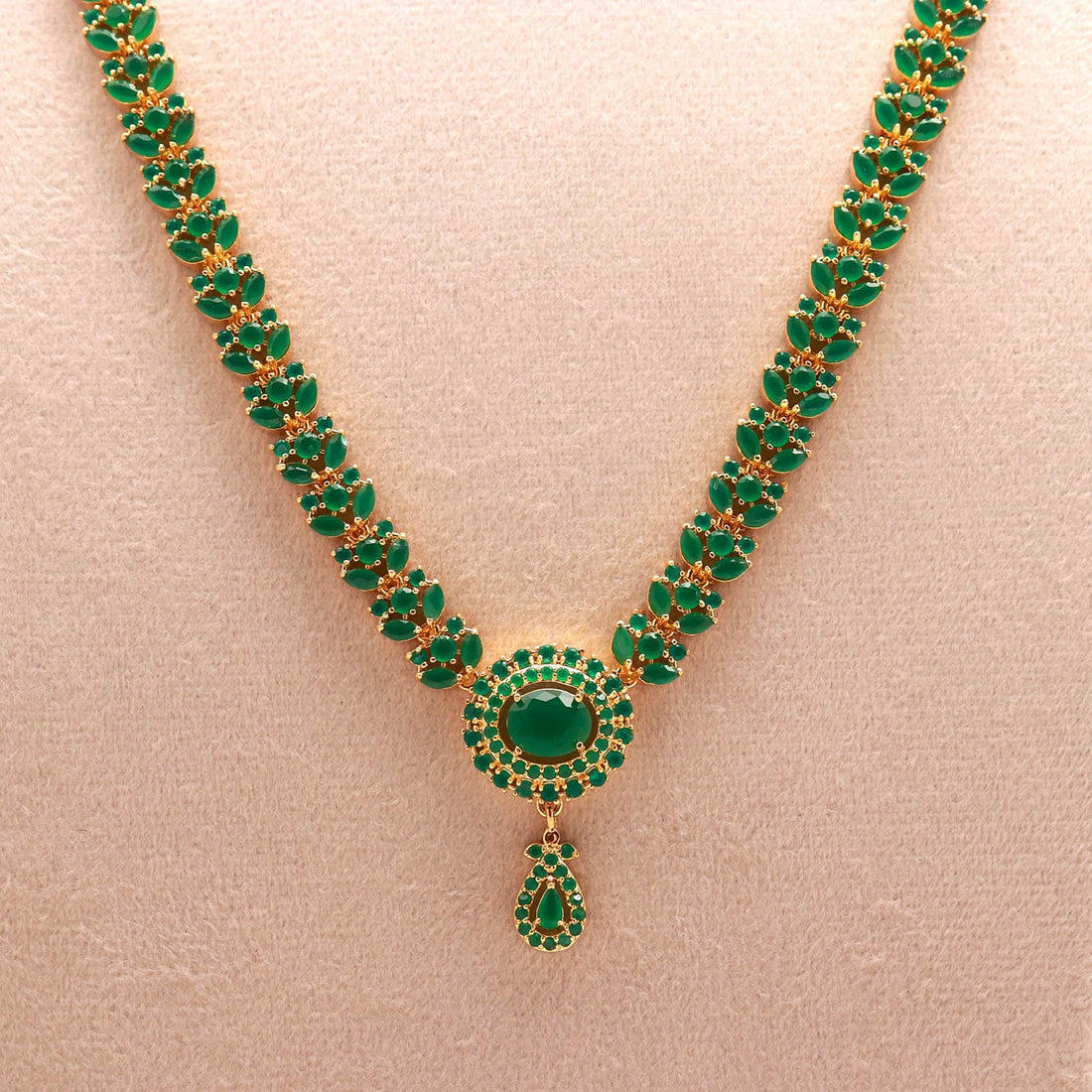 Emerald Long Necklace Set – 22K Gold Plated Green Stone Jewelry |Indian Wedding Necklace & Earrings | Haram Necklace |Festive Ethnic Jewelry — 6