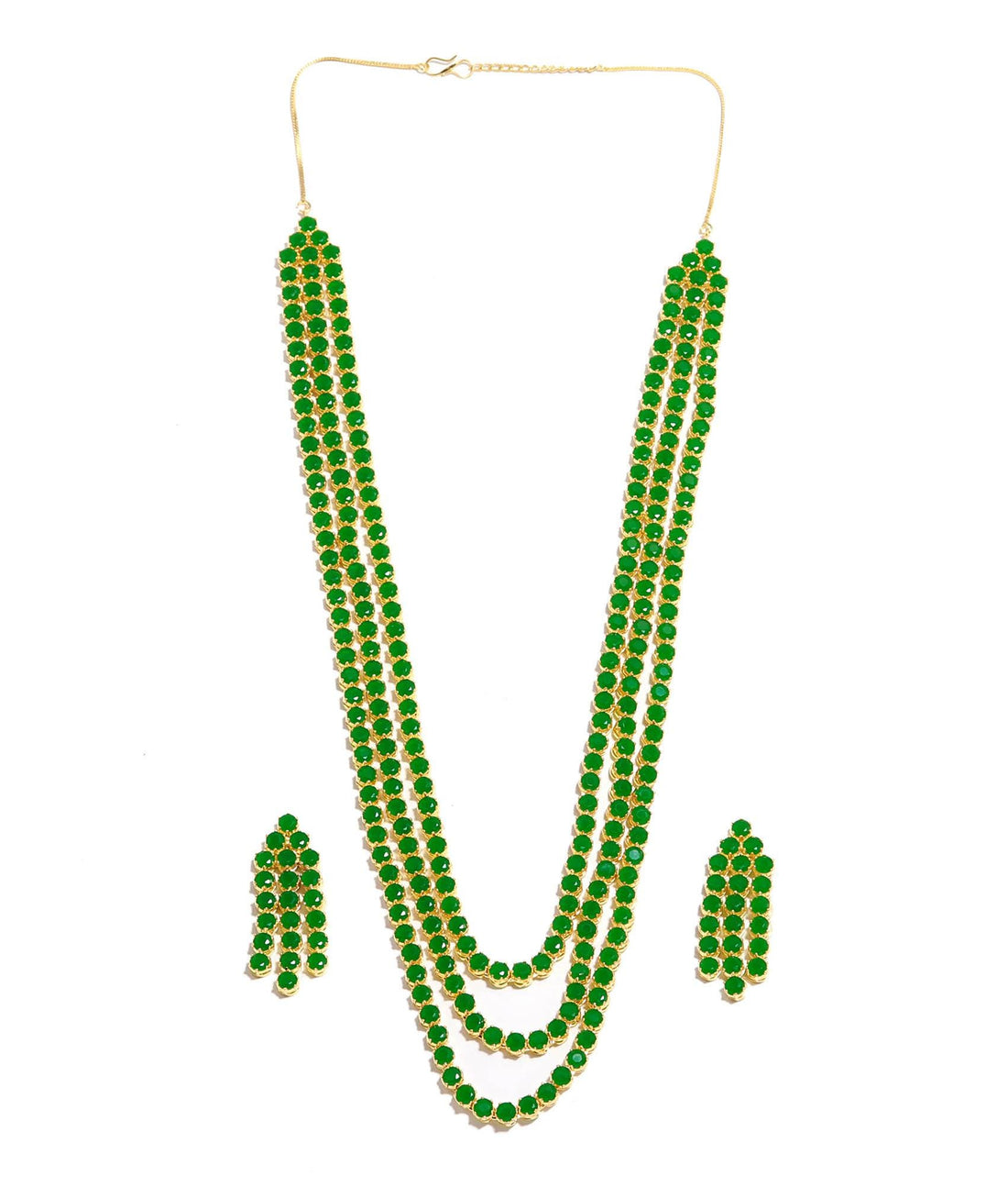 3 Layer Emerald Long Necklace | Layered Crystal Necklace | 22K Gold Layering Jewelry | Emerald Beaded Necklace Set, Minimalist Gift for Her — 3