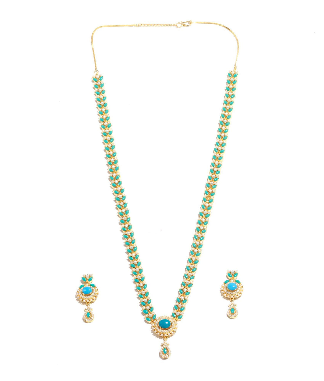 Turquoise and Pearl Long Necklace Set | Gold Plated Jewelry | Handmade Indian Bridal Necklace with Earrings | Ethnic Statement Jewelry — 3