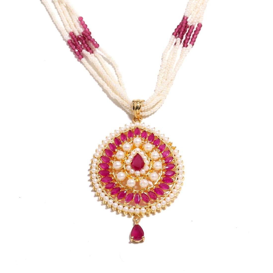 Ruby & Pearl Multigemstone Long Necklace Set | Kundan Pendant Necklace | Beaded Indian Traditional Bridal Jewelry | Gift — 4