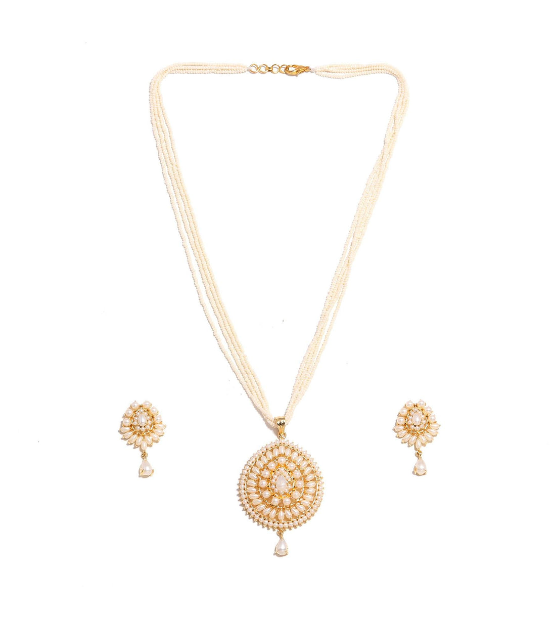 Pearl Long Necklace Set | Kundan Pearl Pendant Jewelry | Multi-Strand Beaded Necklace | Indian Ethnic Bridal Set | Traditional Gift For Her — 4