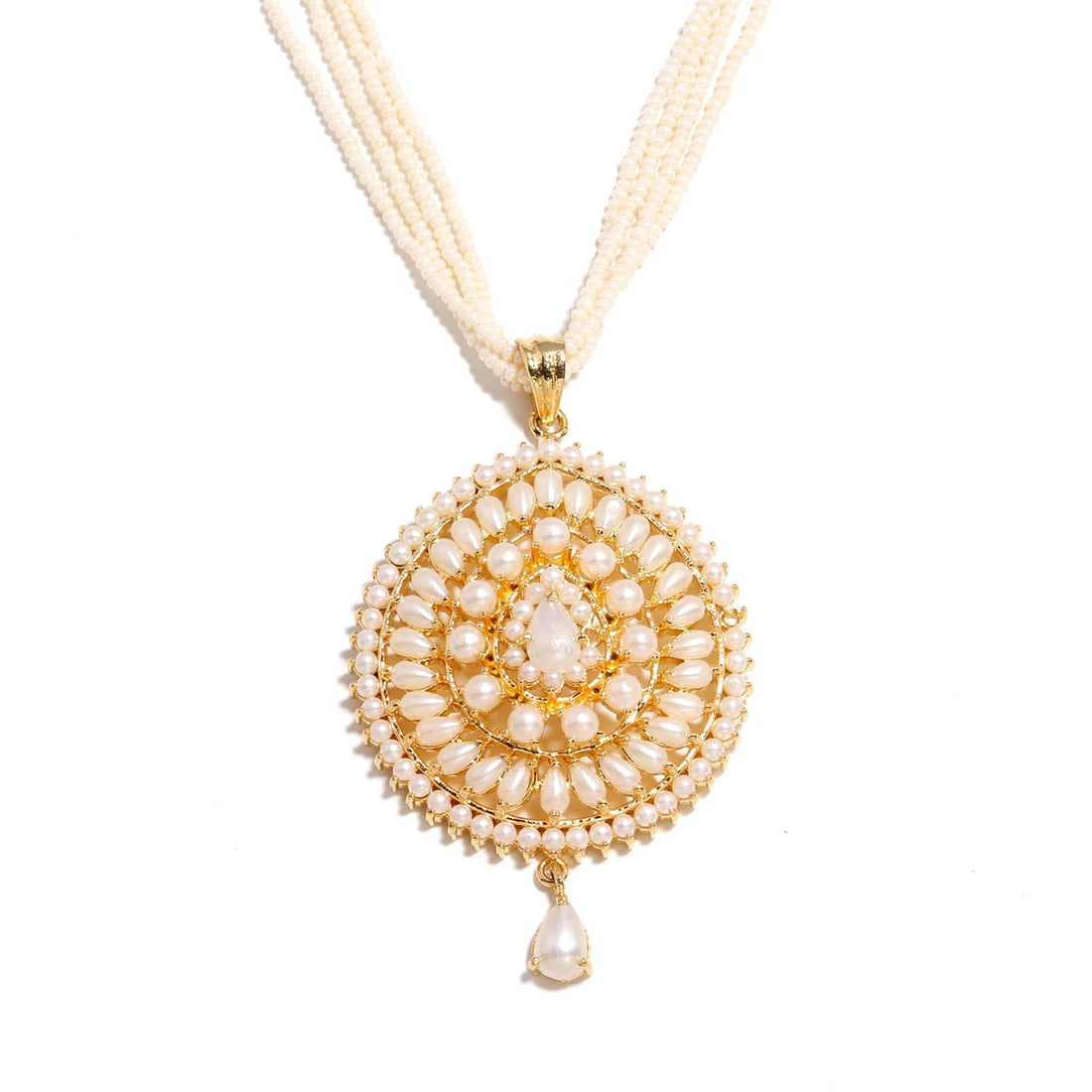 Pearl Long Necklace Set | Kundan Pearl Pendant Jewelry | Multi-Strand Beaded Necklace | Indian Ethnic Bridal Set | Traditional Gift For Her — 5