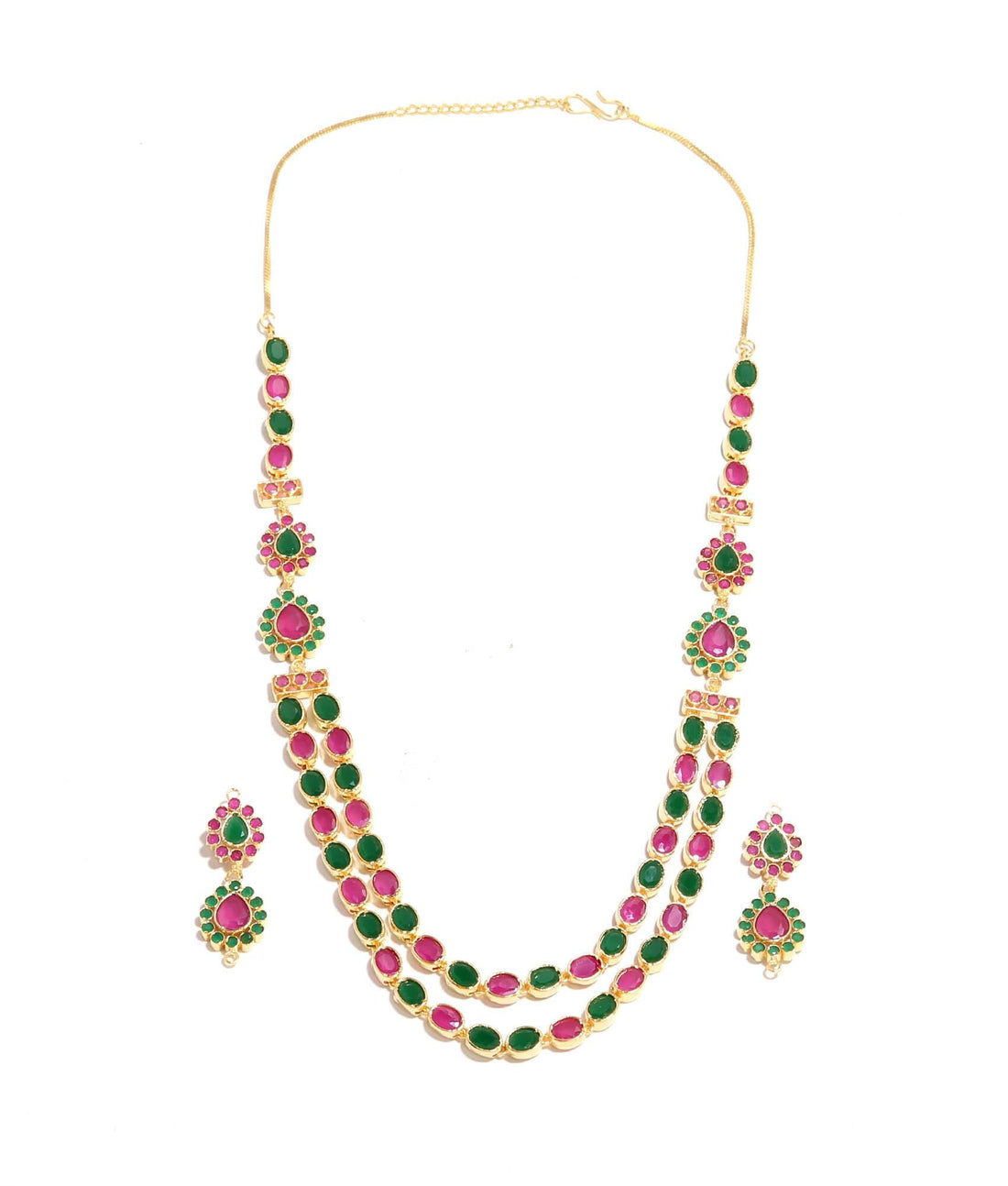 22K Gold Plated Multi Gemstone Necklace Set | Green & Pink Stone Long Necklace with Earrings • South Indian Temple Jewelry | Wedding Jewelry — 4