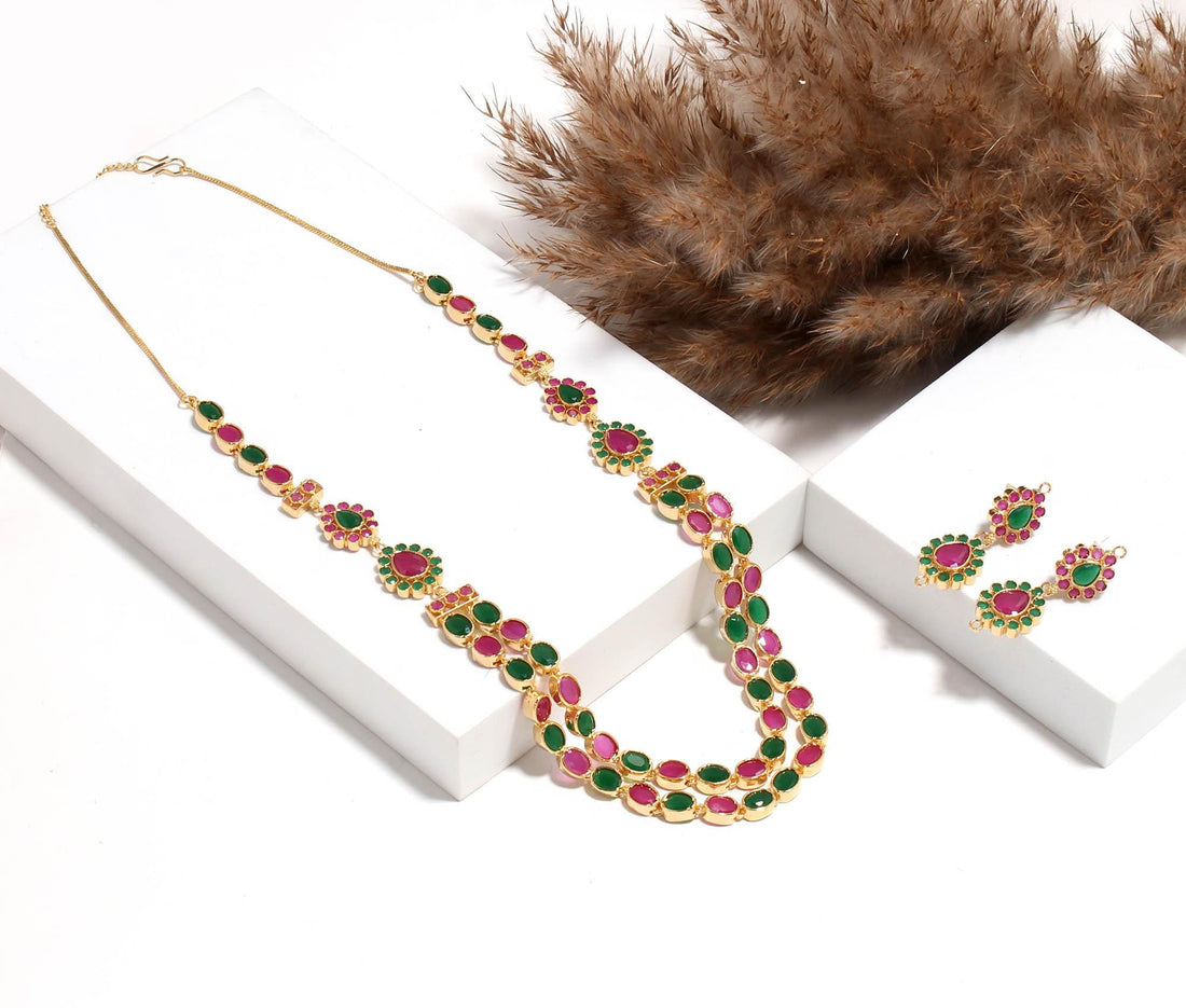 22K Gold Plated Multi Gemstone Necklace Set | Green & Pink Stone Long Necklace with Earrings • South Indian Temple Jewelry | Wedding Jewelry — 2