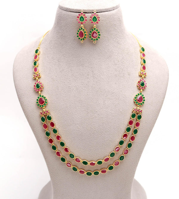 22K Gold Plated Multi Gemstone Necklace Set | Green & Pink Stone Long Necklace with Earrings • South Indian Temple Jewelry | Wedding Jewelry