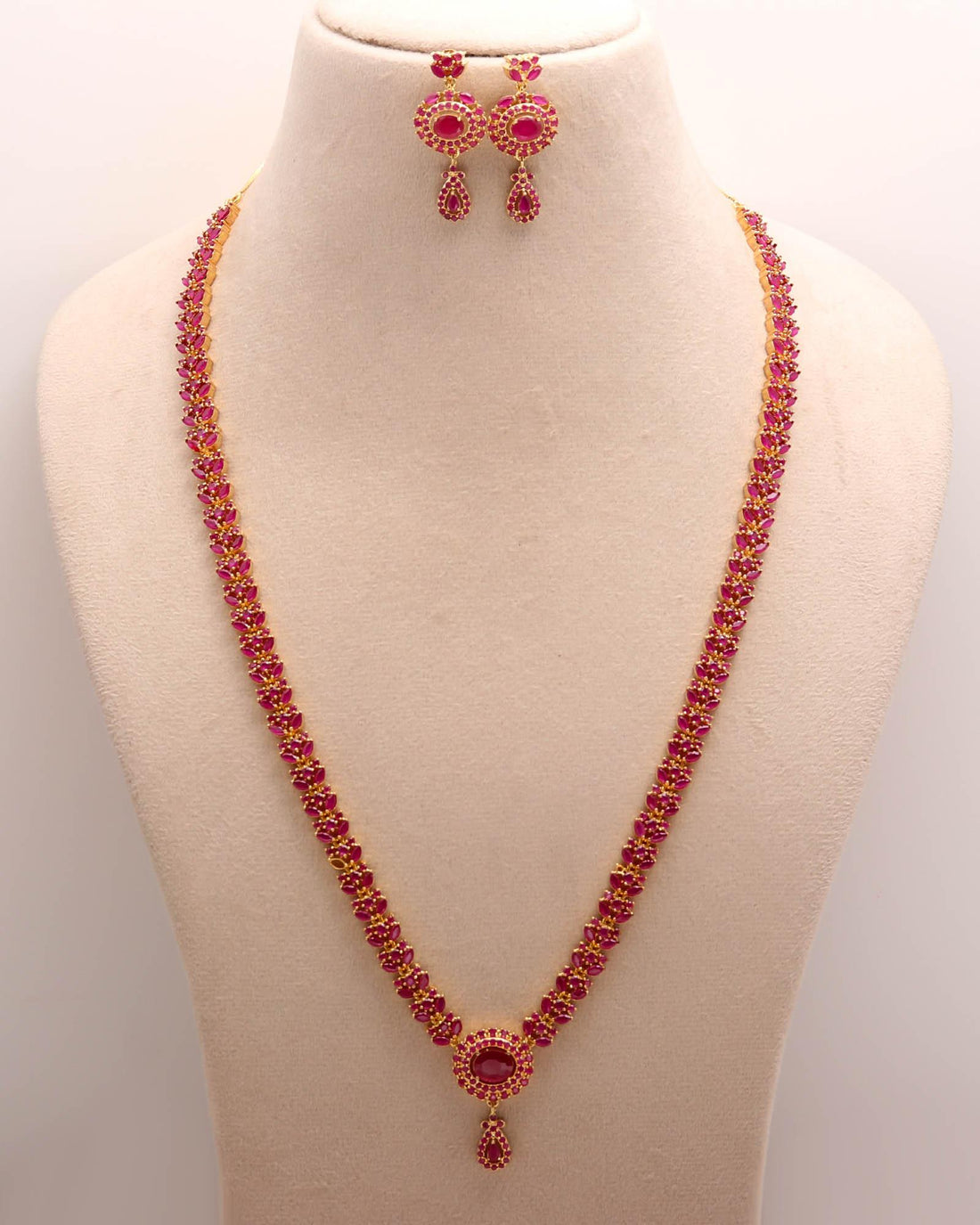 Ruby Long Necklace Set | South Indian Long Haaram | 22K Gold Plated Necklace with Earrings | Bridal Temple Jewelry | Gift For Her — 2