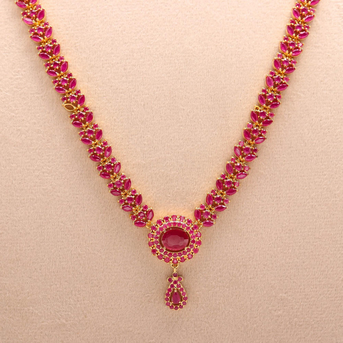 Ruby Long Necklace Set | South Indian Long Haaram | 22K Gold Plated Necklace with Earrings | Bridal Temple Jewelry | Gift For Her — 3
