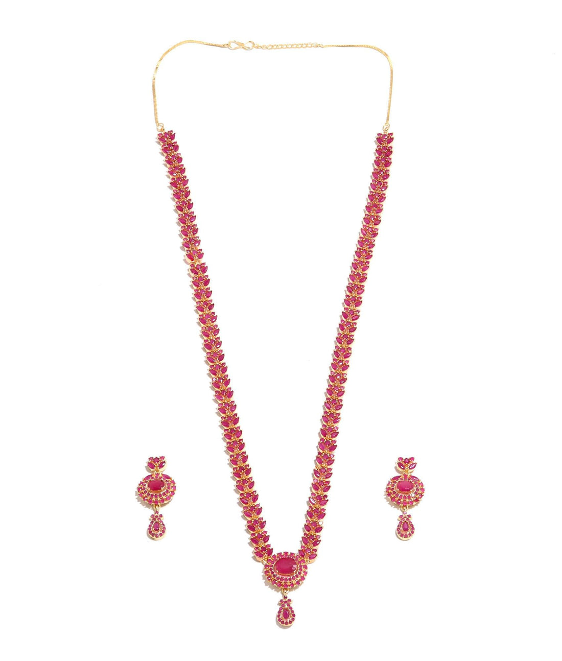 Ruby Long Necklace Set | South Indian Long Haaram | 22K Gold Plated Necklace with Earrings | Bridal Temple Jewelry | Gift For Her — 5