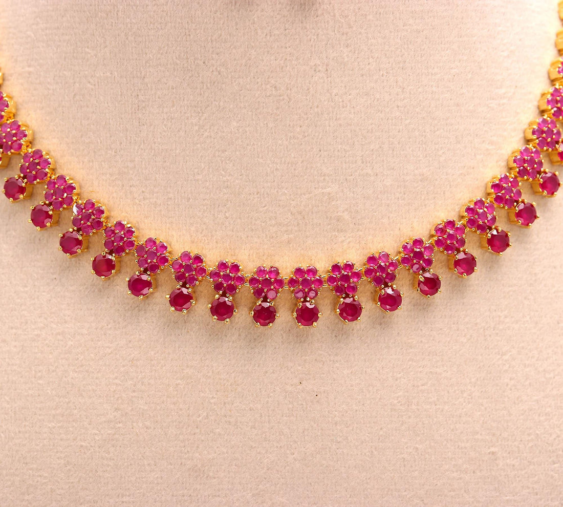 Ruby Floral Red Stone Necklace & Earrings | Gold Plated Indian Jewelry | Bridal Wedding Set | Ethnic Jewelry | Gift For Her — 6