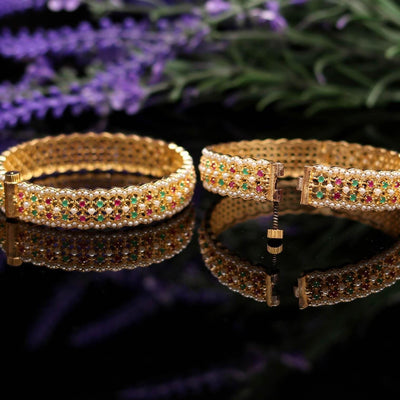 Gold Plated Ruby Pearl Bangles | Indian Traditional Openable bracelet, Wedding Bride Jewelry Bangles, Festival Gifts