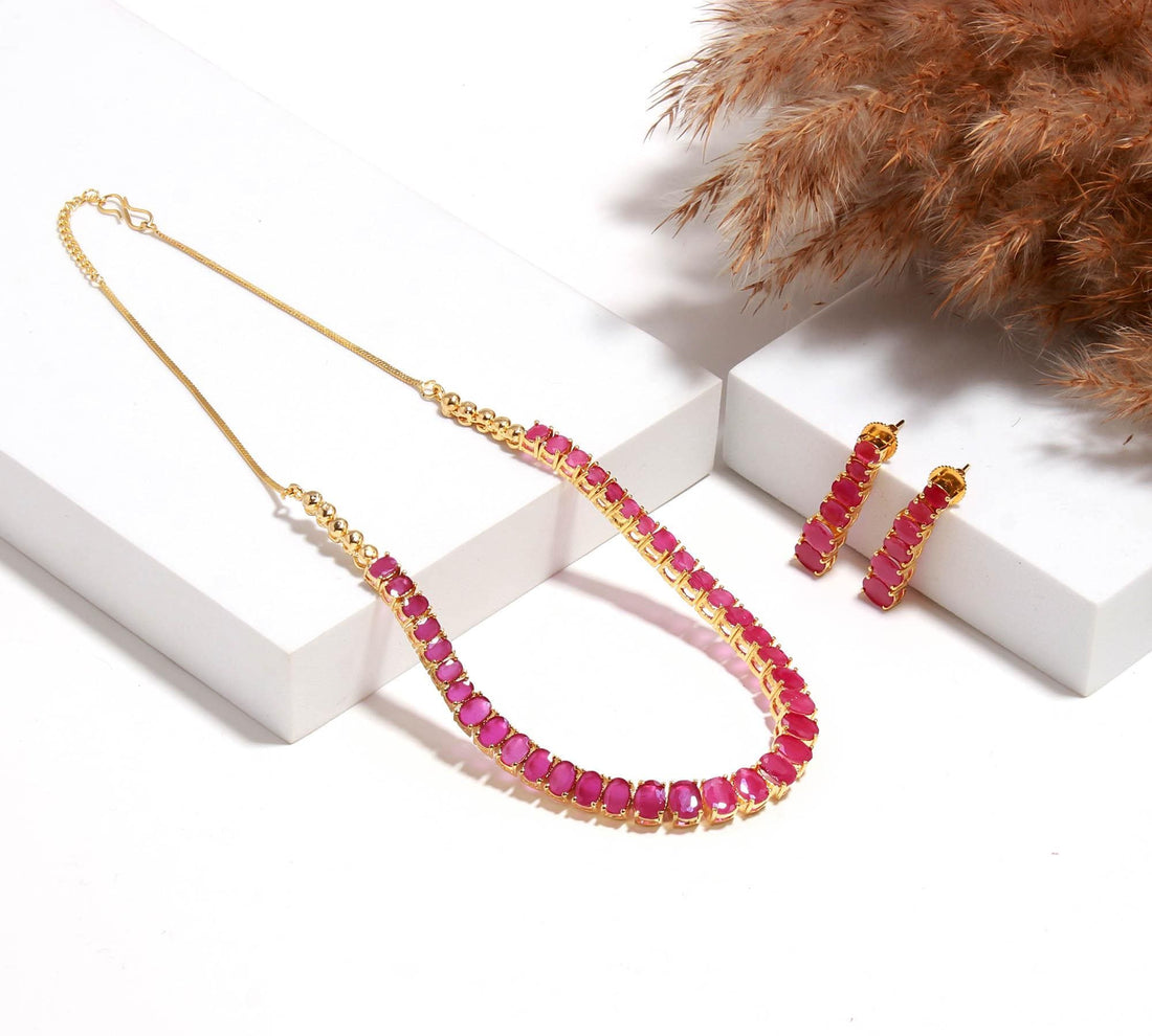 Ruby Tennis 22K Gold Plated Necklace Set | Elegant Party Wear Necklace | Bridal Wedding Jewelry | Festive Necklace | Gift for Her — 4