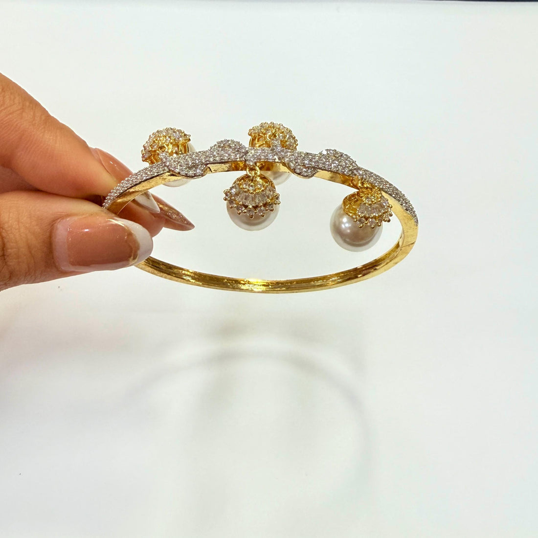 Pearl Gemstone Bangle | 22k Gold Plated Indian Bollywood Bracelet | Gemstone Pearl Bracelet | Handcrafted Wedding Bridal Jewelry — 6