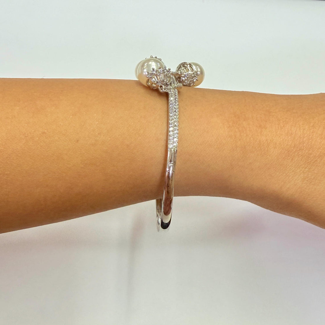 White Pearl Gemstone Bangle | Handcrafted Silver | Bangle with Round White Stone Bracelet for Women | Gift for her — 7