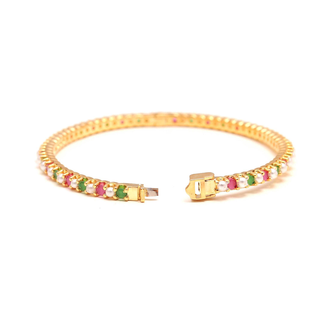 Gold Plated Ruby, Emerald, White Freshwater Pearl Tennis Bracelet: Openable Multi Gemstones Bangle Bracelet handcrafted Jewelry — 2