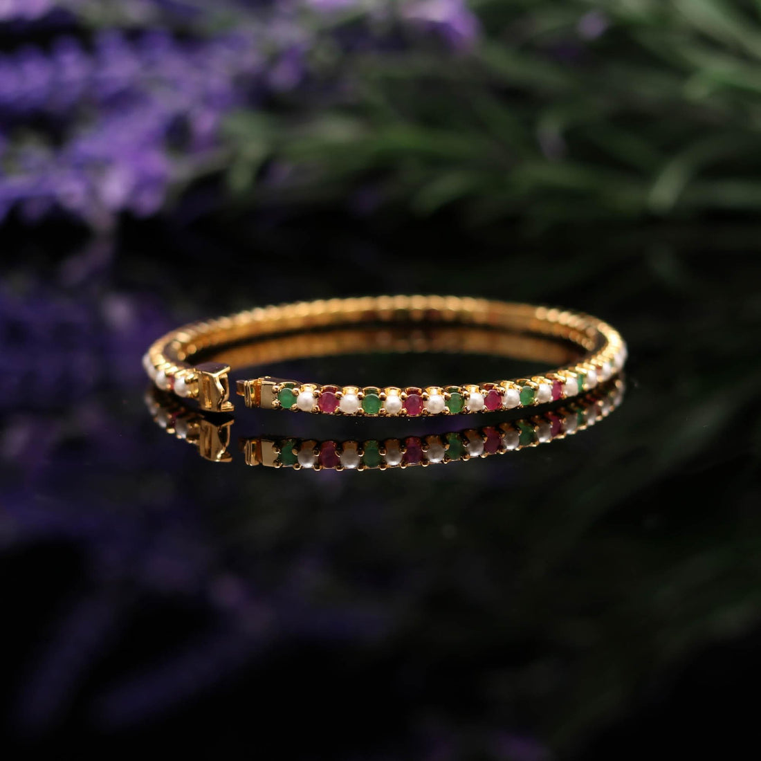 Gold Plated Ruby, Emerald, White Freshwater Pearl Tennis Bracelet: Openable Multi Gemstones Bangle Bracelet handcrafted Jewelry — 3