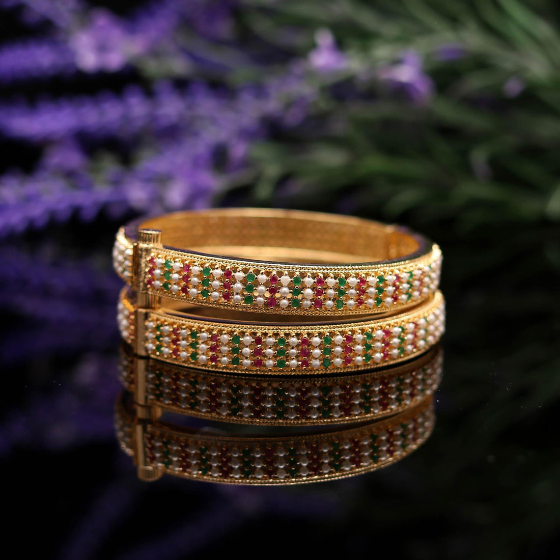 Handmade Ruby, Emerald Pearl Bangles Set | 22K Gold Plated Indian Jewelry | Elegant Multi Gemstone | Traditional Ethnic Bridal Bangle — 3