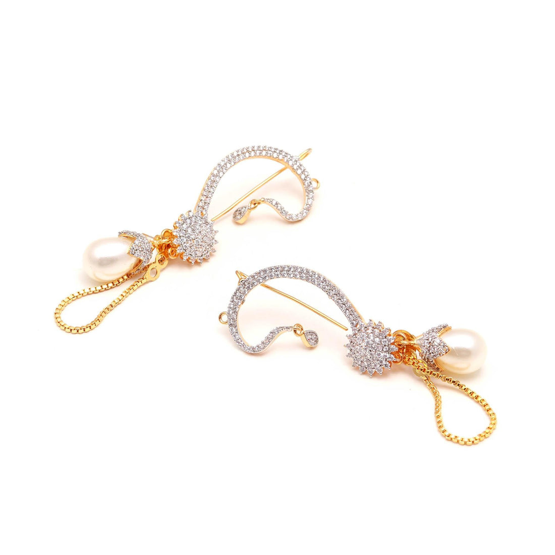 Crystal Curve Pearl Drop Earrings | Elegant Gold-Plated Statement Earrings | Gift For Her | Swirl Studs — 4