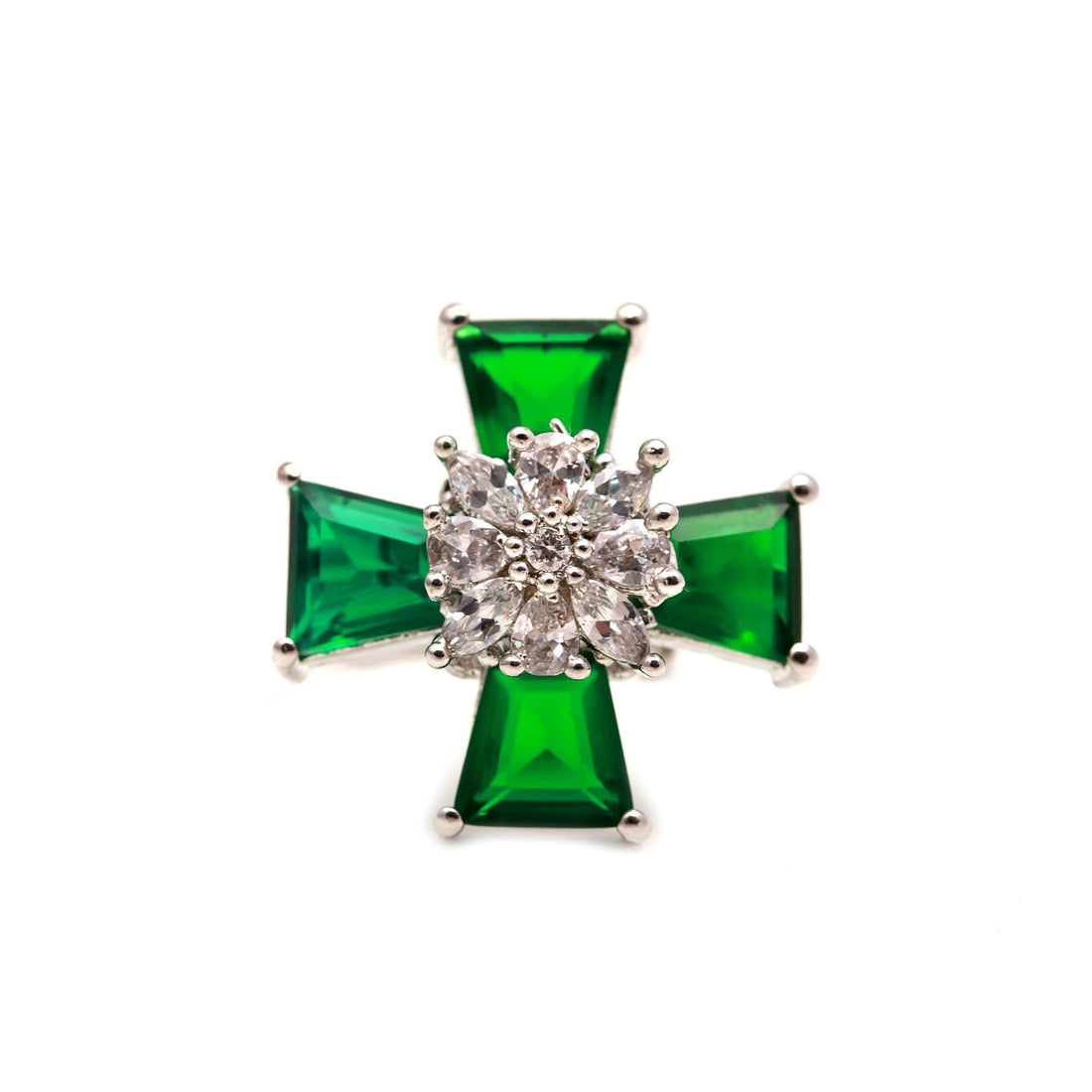 14k White Gold Plated Cross Ring: Simulated Emerald, Ruby, Peridot — 2