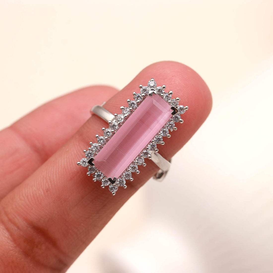 Long Rectangular Baguette Stone Ring | Silver Plated Halo Ring | Gemstone Ring | Modern Minimalist Statement Jewelry | Gift for Her — 2