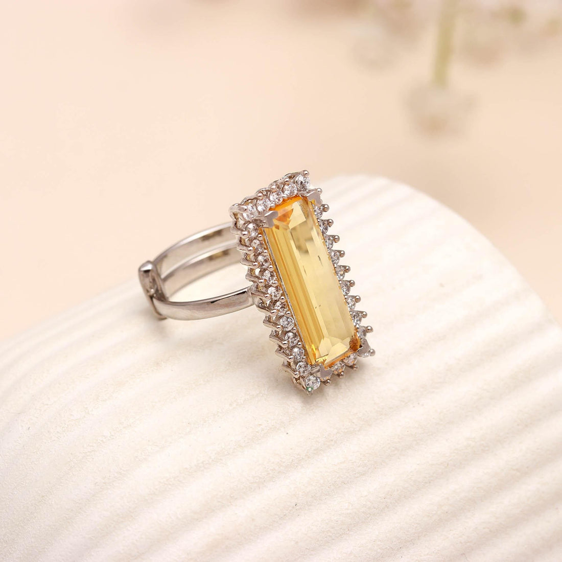 Dainty Baguette Stone Ring| Sterling Silver Statement Ring | Emerald Cut Long Gemstone Ring | Dainty Halo Ring | Modern Minimalist Jewelry — 1