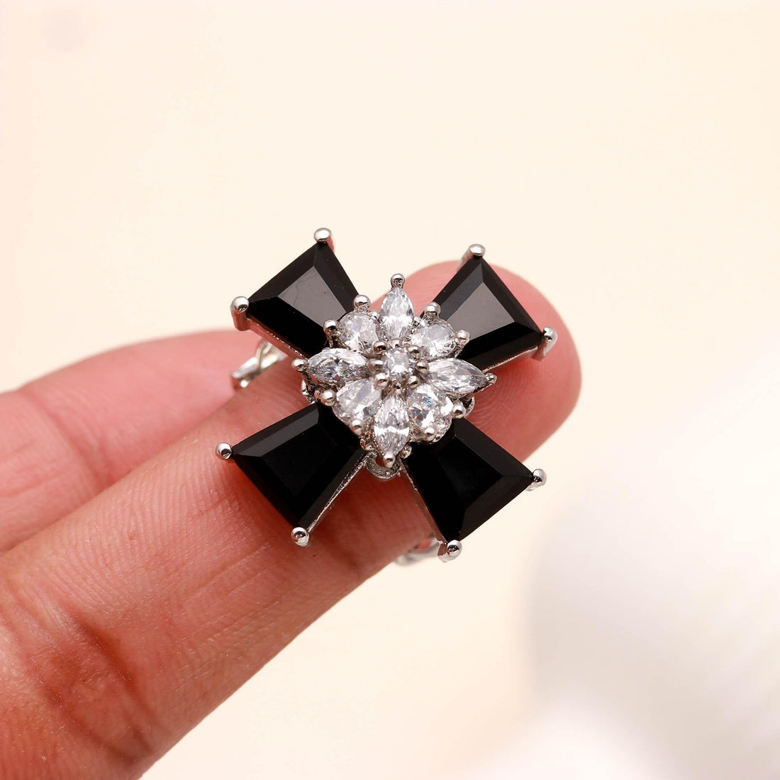 14k White Gold Plated Cross Black Onyx Ring – Modern Faith-Inspired Design | Minimal Ring | Black onyx Ring | Gift For Her | Fashion Jewelry — 2