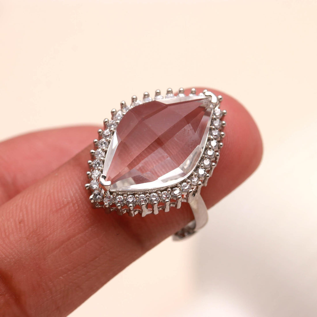 CZ Halo Silver Ring | Bold Gemstone Statement Ring for Women | Silver Marquise Stone Ring | Sparkly CZ Halo | Elegant Fashion Jewelry Gift — 2