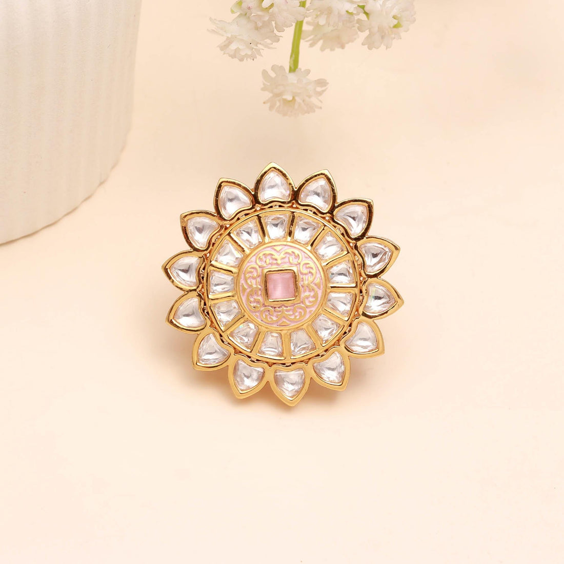 Gold Plated Polki Ring for Women | Adjustable Kundan Statement Ring | Indian Bridal Jewelry | Cocktail Ring | Festive Ring | Gift For Her — 1