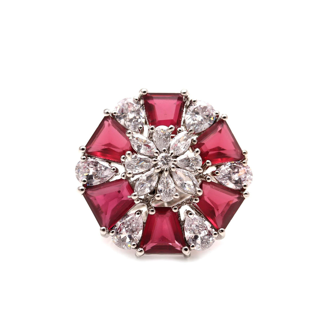 Red and White Crystal Statement Ring | Floral Cocktail Ring | Adjustable Silver Tone Ring | Party Jewelry | Red Flower Ring | Gift For Her — 4
