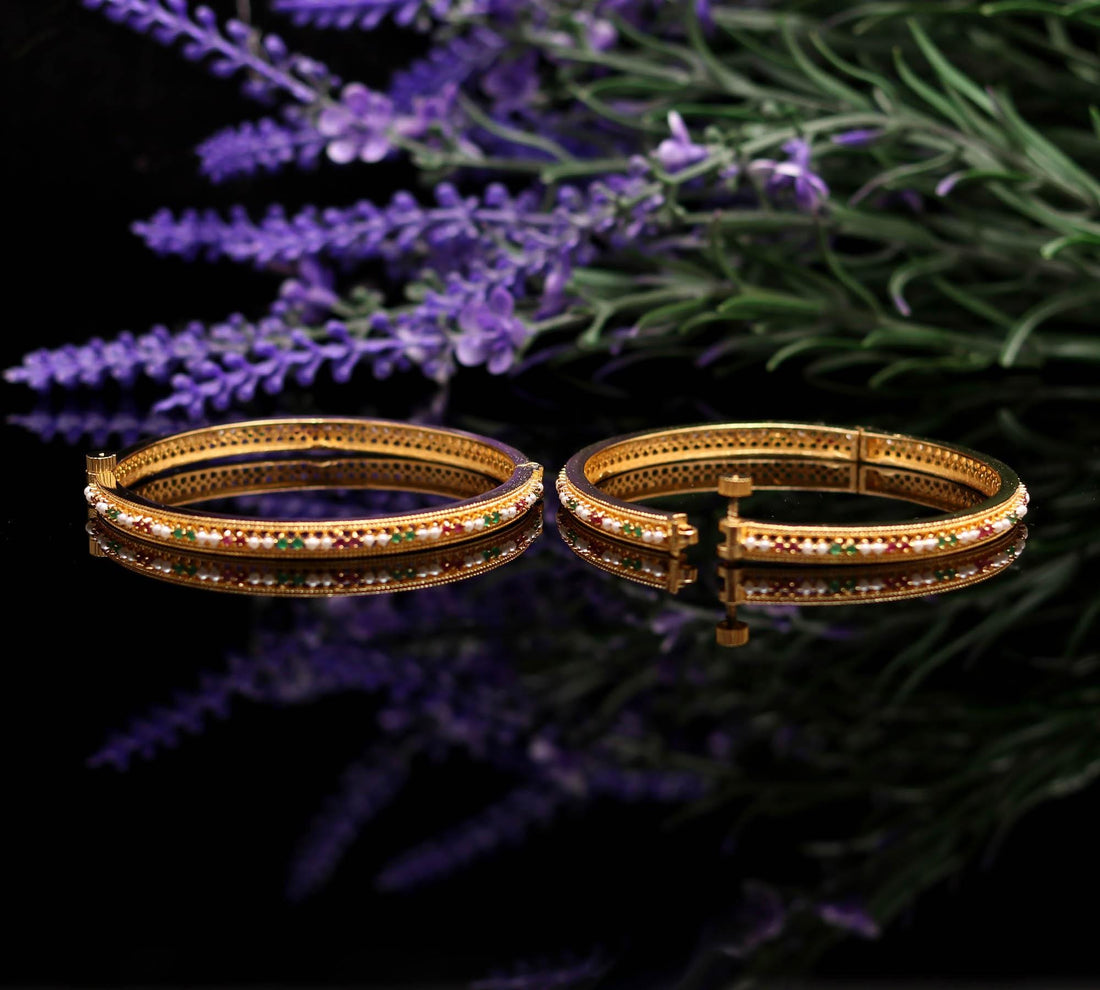 Handmade Ruby, Emerald Pearl Bangles Set | Gold Plated Indian Jewelry | Elegant Multi Gemstone | Traditional Ethnic Bridal Bangle — 3