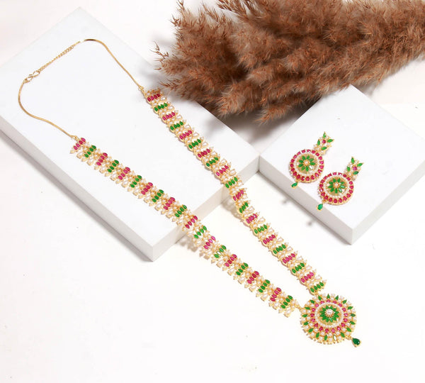 22k Gold Plated Pink Green Indian Long Necklace Set | Kundan Pearl Necklace & Earrings | Traditional Bridal Jewelry | Ethnic Jewelry Set