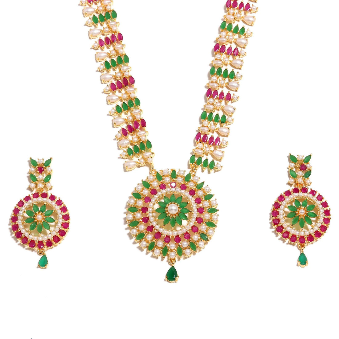 22k Gold Plated Pink Green Indian Long Necklace Set | Kundan Pearl Necklace & Earrings | Traditional Bridal Jewelry | Ethnic Jewelry Set — 4