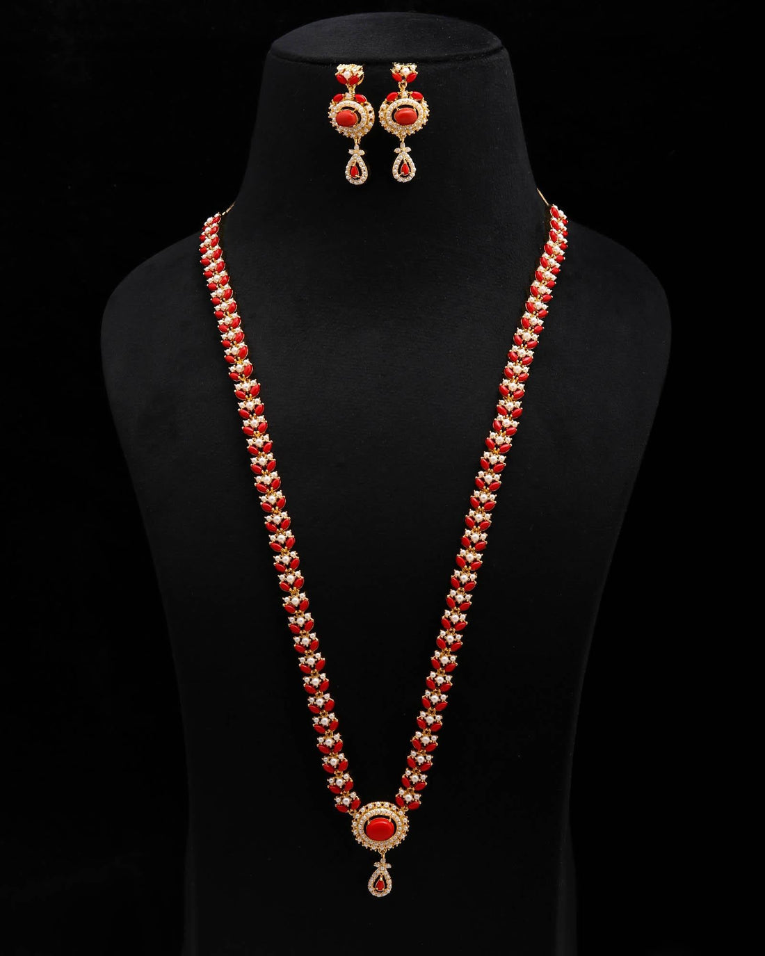 22K Gold Plated Coral Long Necklace Set | Traditional Indian Jewelry | Red Beaded Bridal Haar |Wedding Necklace with Earrings |Gift For Her — 2