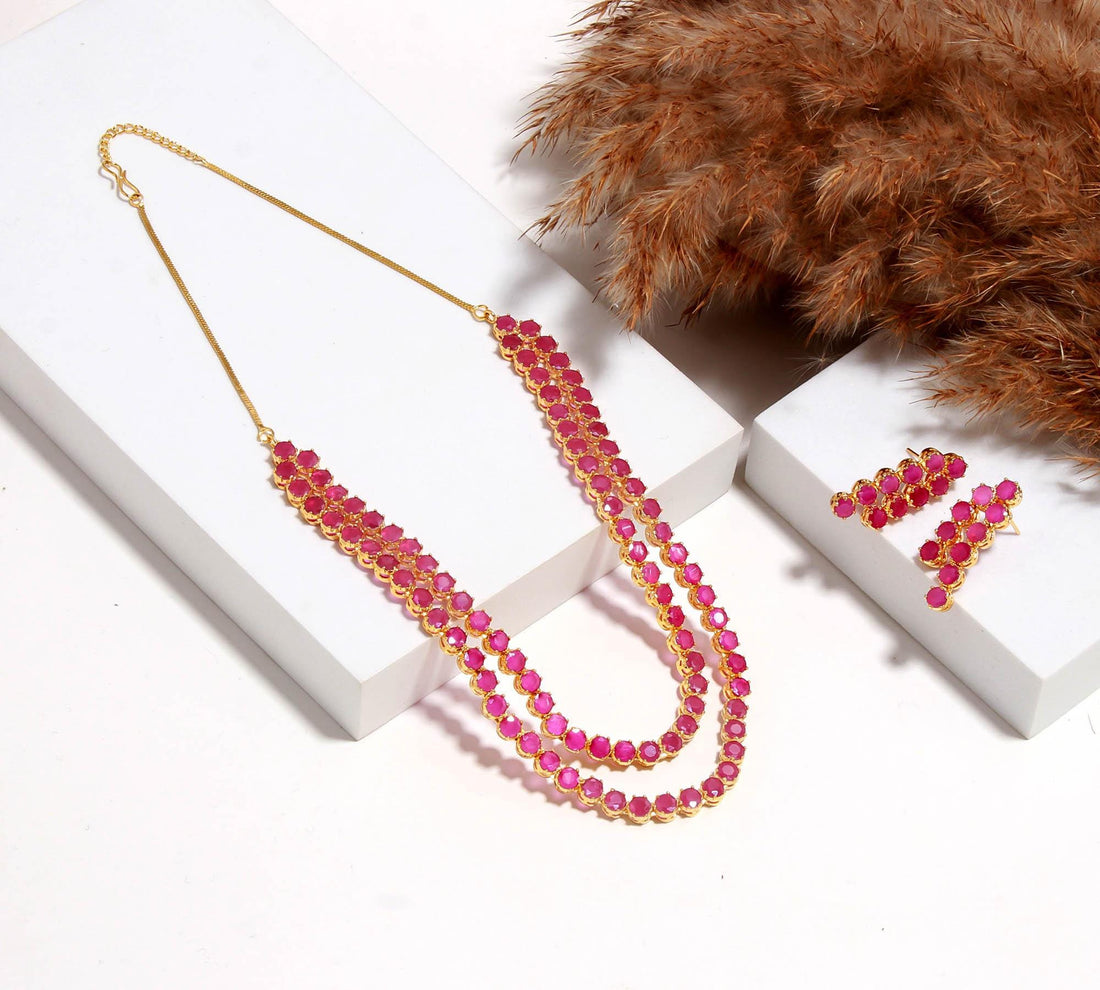 22K Gold Plated Ruby Necklace Set | Double Layer Red Stone Necklace | Indian Bridal Jewelry | Wedding Jewelry Set with Drops |Ethnic Jewelry — 2