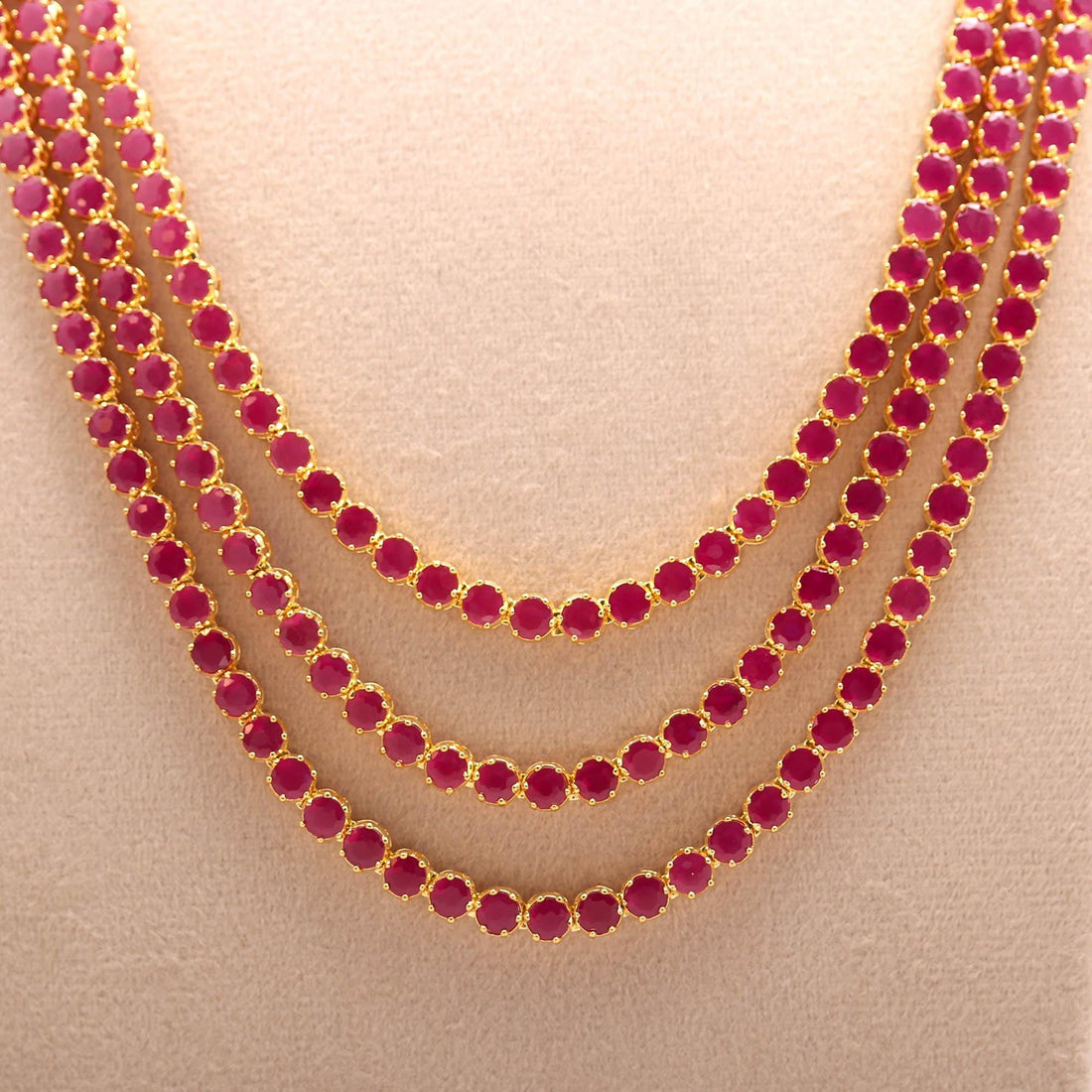 Ruby 3-Layer Necklace Set | 22K Gold Plated Jewelry |Indian Bridal Necklace | Long Layered Ruby Mala | Festive Wedding Jewelry | Gift Idea — 3
