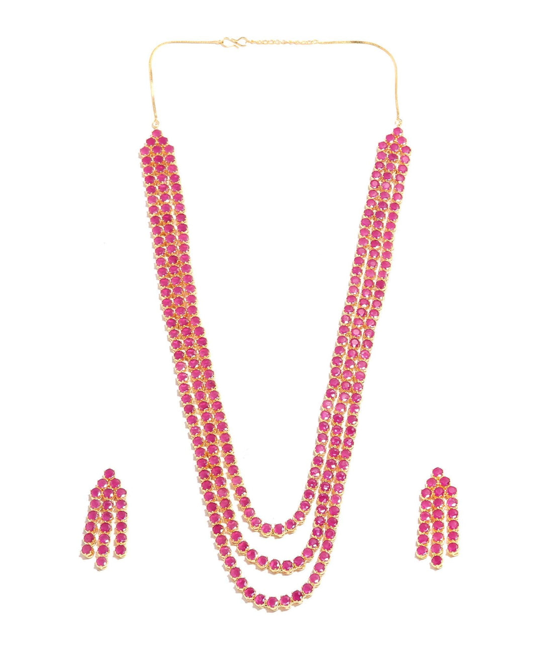 Ruby 3-Layer Necklace Set | 22K Gold Plated Jewelry |Indian Bridal Necklace | Long Layered Ruby Mala | Festive Wedding Jewelry | Gift Idea — 5