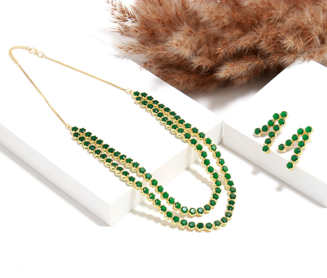 Emerald Layered Tennis Necklace Set | 22K Gold Plated Green Stone Jewelry | Long Necklace with Earrings | Indian Bridal & Festive Jewelry — 2