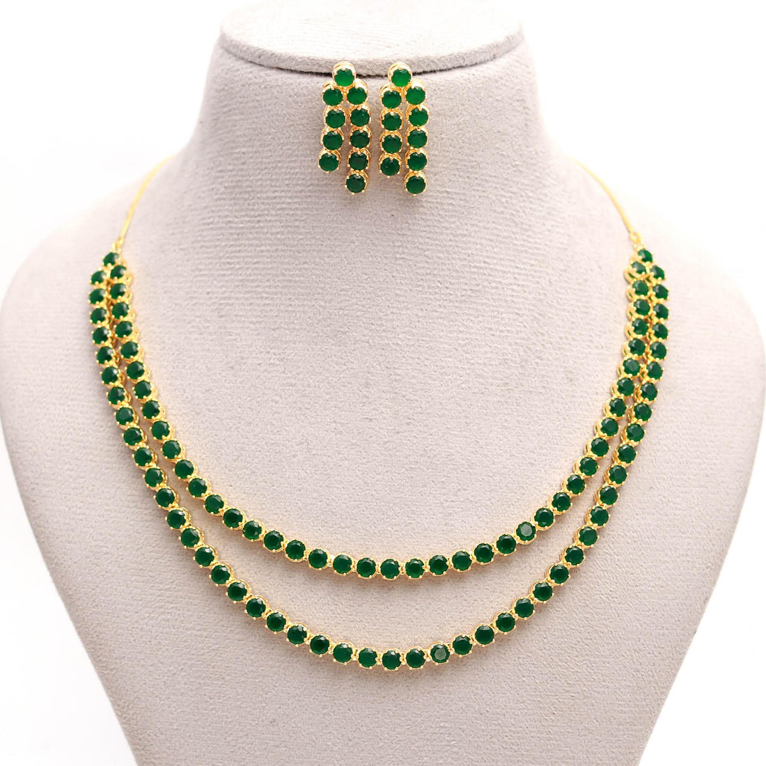 Emerald Layered Tennis Necklace Set | 22K Gold Plated Green Stone Jewelry | Long Necklace with Earrings | Indian Bridal & Festive Jewelry — 6