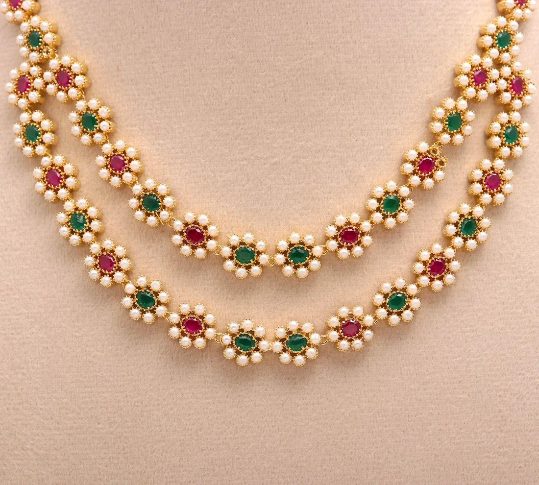 22K Gold-Plated Multi gem Indian Layered Necklace Set with Ruby, Emerald & Pearl | Traditional South Indian Layered Necklace Set — 5