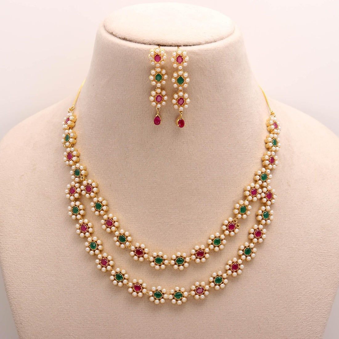 22K Gold-Plated Multi gem Indian Layered Necklace Set with Ruby, Emerald & Pearl | Traditional South Indian Layered Necklace Set — 2
