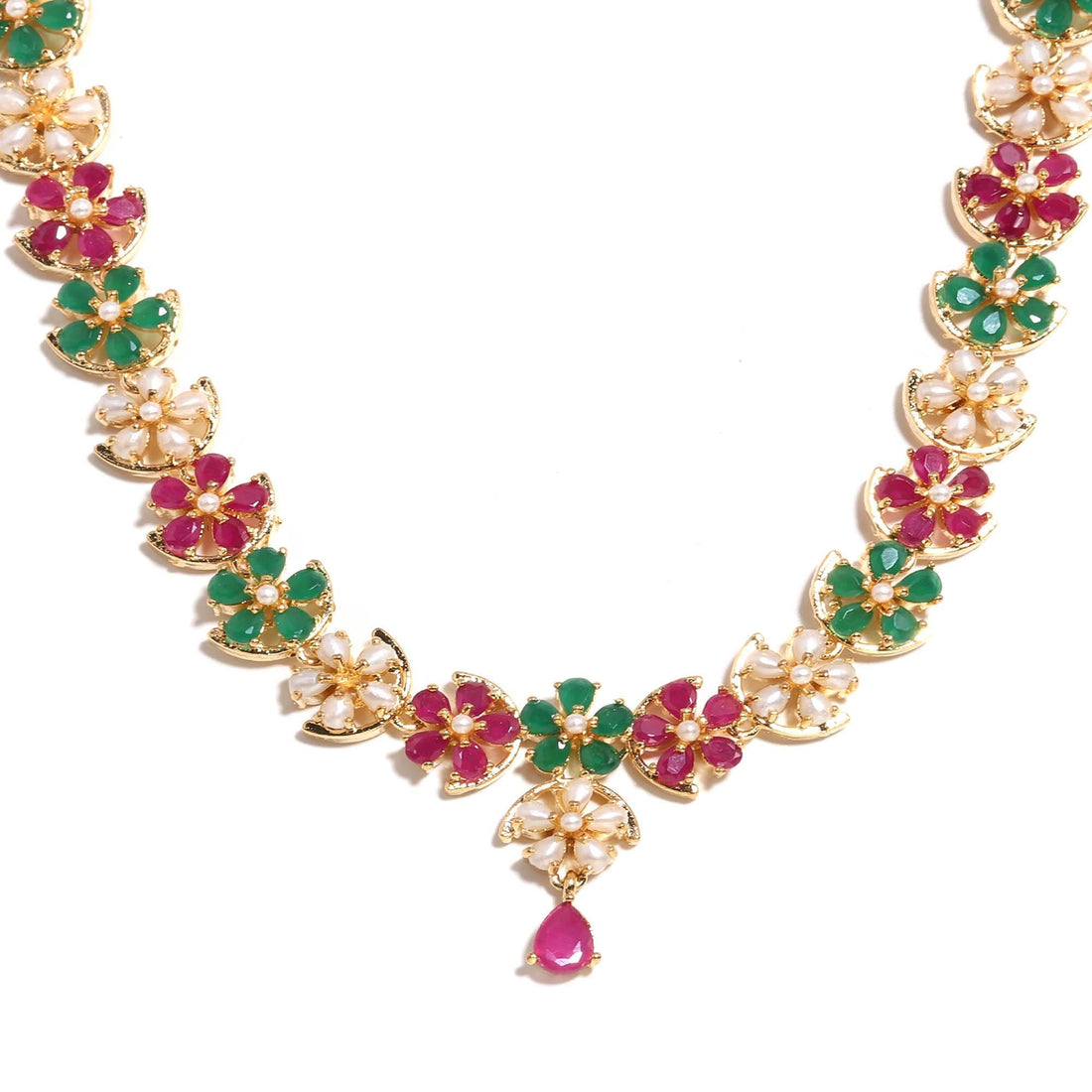 22K Gold Plated Multi Necklace Set | Emerald Ruby Pearl Floral Bridal Wedding Jewelry | Statement Necklace & Earrings | Gift for Women — 4