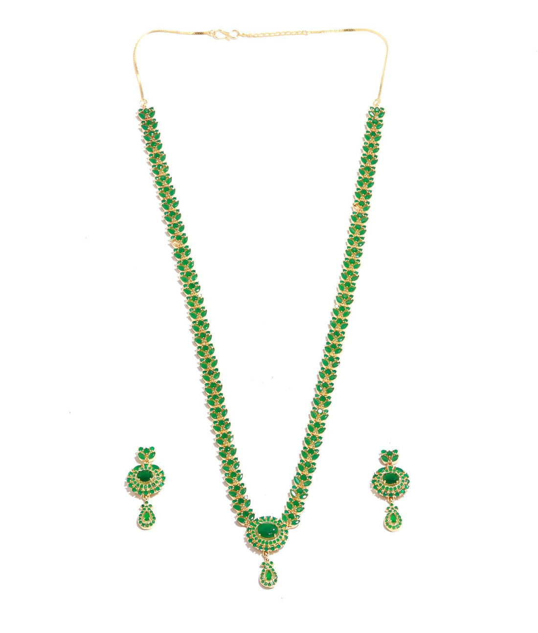 Emerald Long Necklace Set – 22K Gold Plated Green Stone Jewelry |Indian Wedding Necklace & Earrings | Haram Necklace |Festive Ethnic Jewelry — 3