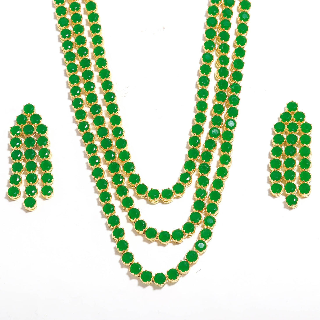 3 Layer Emerald Long Necklace | Layered Crystal Necklace | 22K Gold Layering Jewelry | Emerald Beaded Necklace Set, Minimalist Gift for Her — 4
