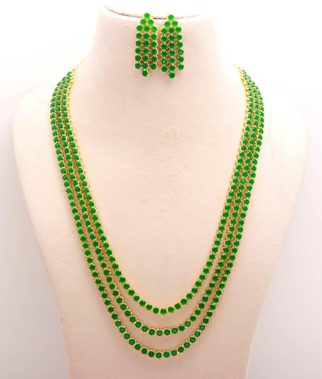 3 Layer Emerald Long Necklace | Layered Crystal Necklace | 22K Gold Layering Jewelry | Emerald Beaded Necklace Set, Minimalist Gift for Her — 5