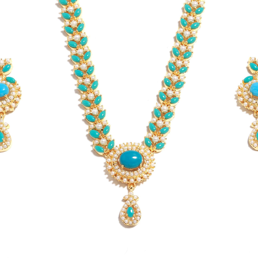 Turquoise and Pearl Long Necklace Set | Gold Plated Jewelry | Handmade Indian Bridal Necklace with Earrings | Ethnic Statement Jewelry — 4