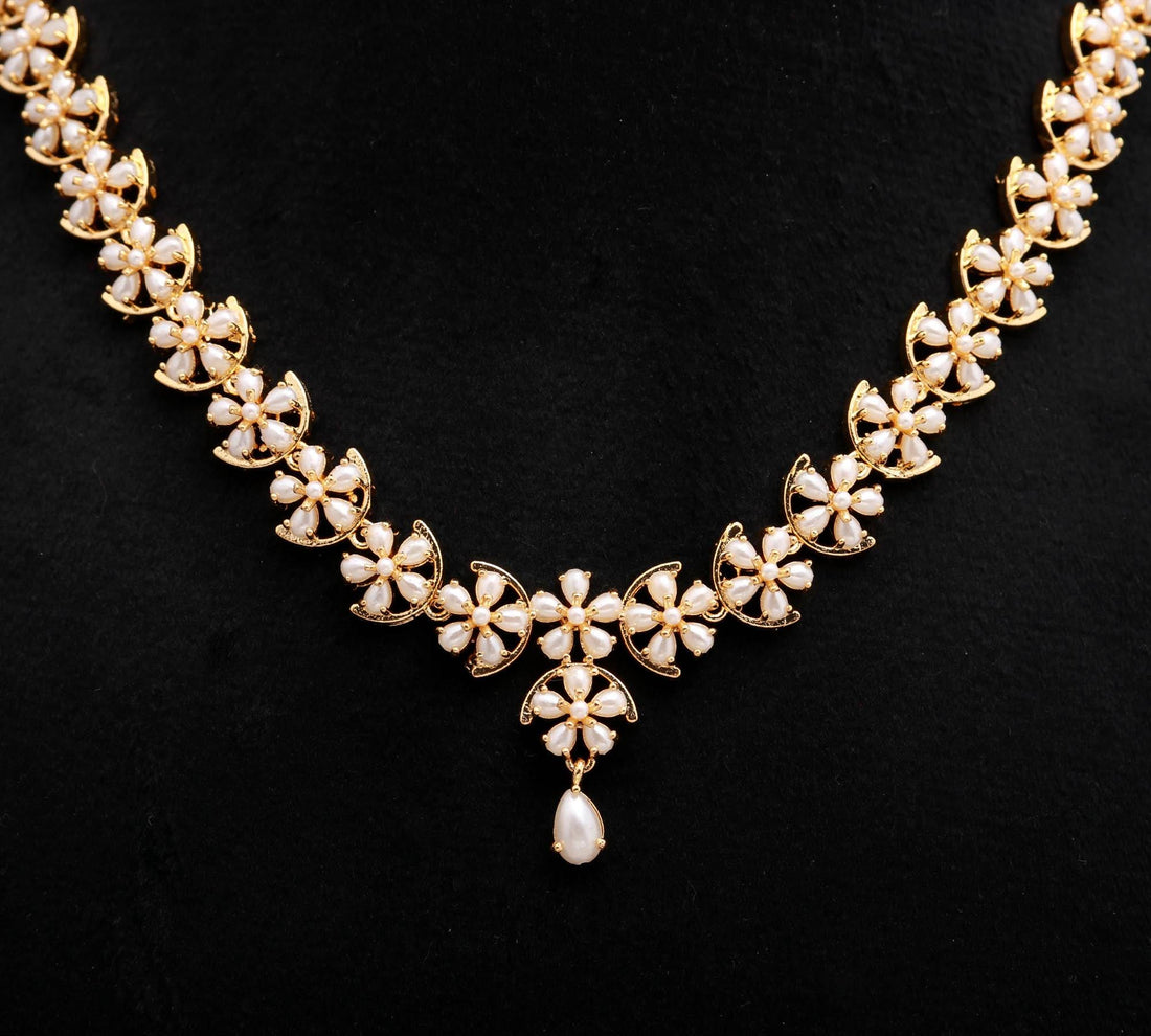 Gold Plated Pearl Gemstone Necklace Set | South Indian Bridal Jewelry | Traditional Elegant Women Necklace | Indian Bridal Set — 3