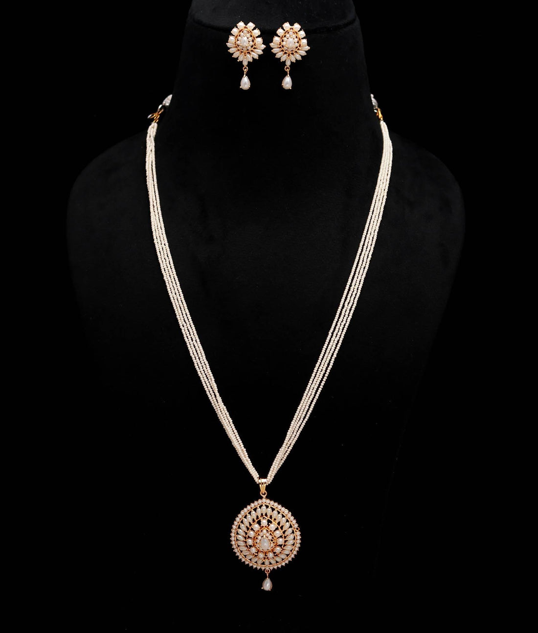 Pearl Long Necklace Set | Kundan Pearl Pendant Jewelry | Multi-Strand Beaded Necklace | Indian Ethnic Bridal Set | Traditional Gift For Her — 3