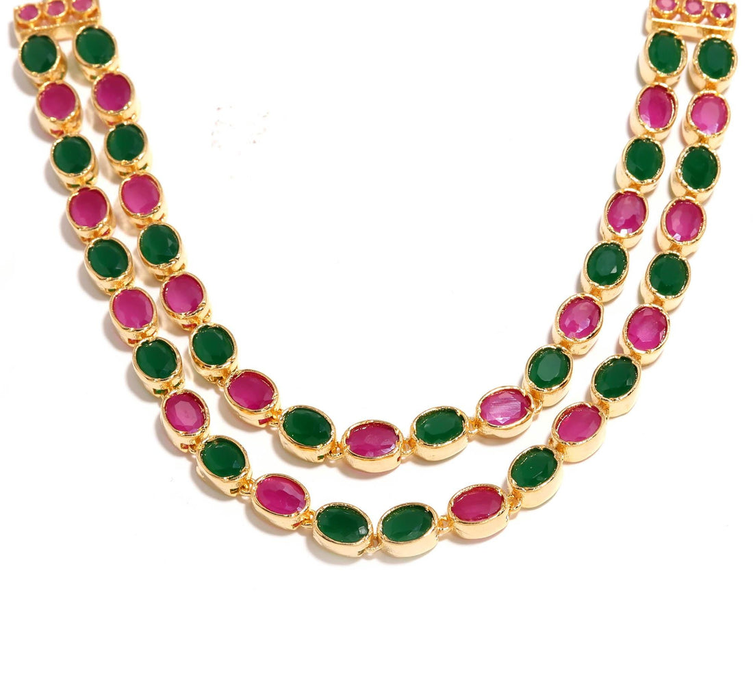 22K Gold Plated Multi Gemstone Necklace Set | Green & Pink Stone Long Necklace with Earrings • South Indian Temple Jewelry | Wedding Jewelry — 3