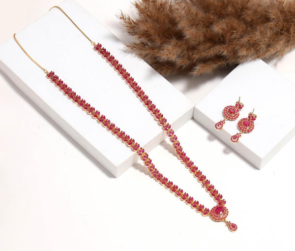 Ruby Long Necklace Set | South Indian Long Haaram | 22K Gold Plated Necklace with Earrings | Bridal Temple Jewelry | Gift For Her